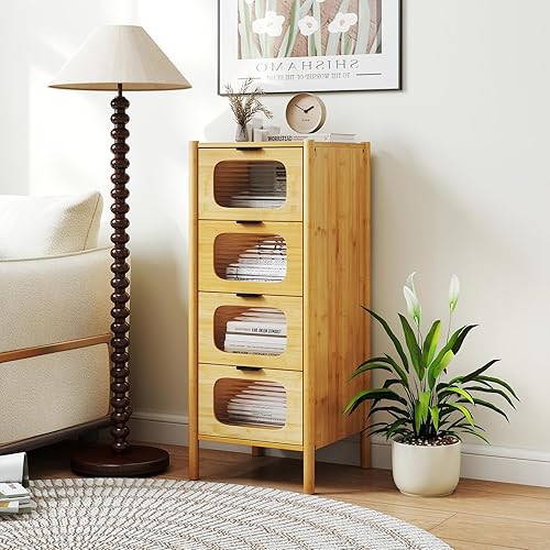 GIANTEX Commode à 4 Tiroirs 97 CM, Meuble de Rangement en Bois avec Tiroirs en Verre Trempé, Design Antibasculement, Table de Chevet à 4 Niveaux Autoportante pour Chambre, Salon, Entrée, Naturel - Nail Gallerys