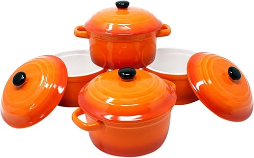 ToCi Lot de 2 mini moules à gratin ronds en céramique avec couvercle Ø 10 x 5 cm, 200 ml, orange, rouge et en lot Lot de 4 - Nail Gallerys