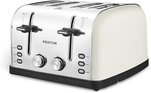 PRIXTON Grille-pain à 4 fentes extra-larges Bianca, Puissance 1900 Watt, 7 Niveaux de brunissage, décongélation et réchauffe, Surélévation, Design Vintage en Acier Inoxydable - Nail Gallerys