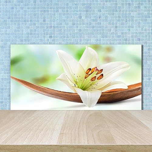 Tulup Crédence de Cuisine 100x50cm Dosseret en Verre Fond de hotte Verre de sécurité trempé Splashback Guard - Fleurs et Plantes - Blanc - Lis - Nail Gallerys