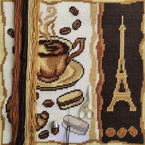 Kit de point d'aiguille à café pour adultes et débutants — Petit déjeuner à Paris 40,6 x 40,6 cm avec motif imprimé clair et précis sur toile de coton; comprend 2 aiguilles, fil et tableau facile à - Nail Gallerys