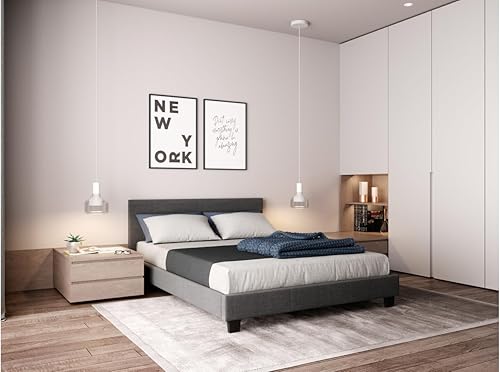 LOUNGITUDE - Yoko - Cadre de lit - Sommier à Lattes Inclus - Tête de lit Assortie - en Tissu - Gris Clair - 140x190 - Nail Gallerys