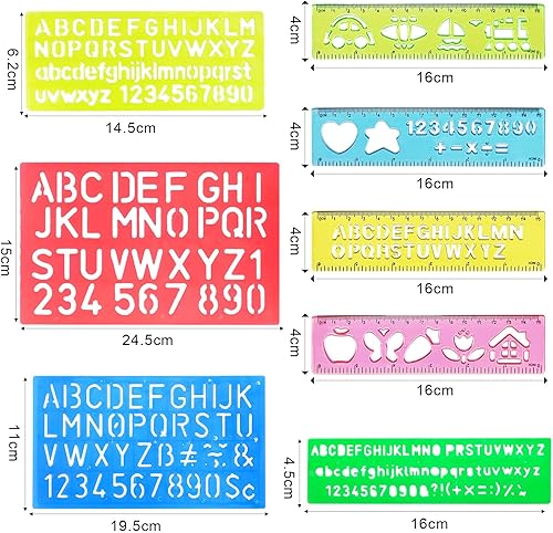 ZYNERY Lot de 8 pochoirs chiffres et lettres pour enfants - Règle de 15 cm avec lettres et chiffres - Pochoir en plastique pour aide au dessin et graffiti - Nail Gallerys