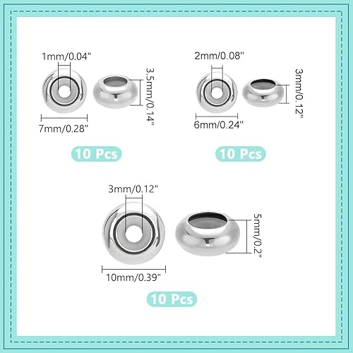 PH PandaHall 30pcs Perles de Curseur en Acier Inoxydable, 7/8/10mm Perles de Butée Coulissantes avec Intérieur en Caoutchouc pour la Fabrication de Bijoux de Colliers de Bracelets Européens - Nail Gallerys