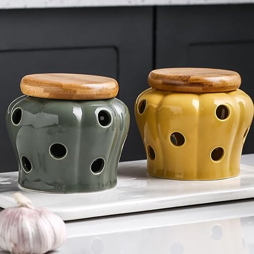VUIUYOIES Pot de Stockage d'ail en céramique Durable, Organisateur de Cuisine Frais et Savoureux, Pot à ail en céramique avec Couvercle, Jaune - Nail Gallerys