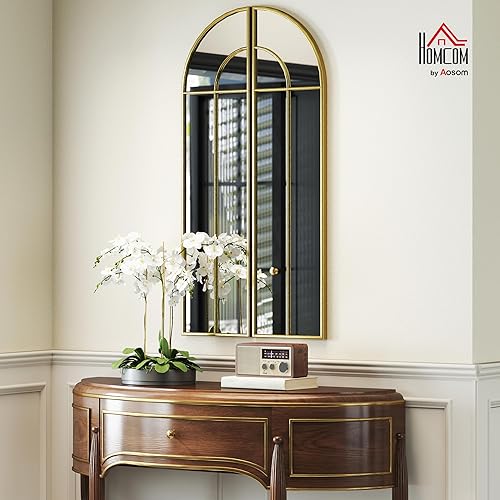 HOMCOM Miroir Mural Arc 60 x 120 cm, Grand Miroir verrière décoratif de fenêtre avec Cadre métallique, pour Chambre, Salon, Couloir, Ton doré - Nail Gallerys