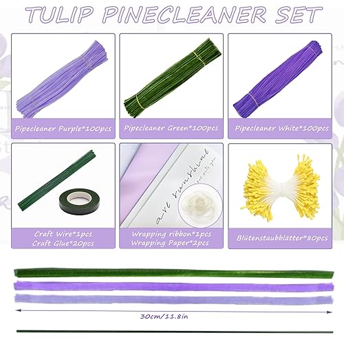 Luxoraiova 300pcs Fil Chenille Loisir Créatif, Cure Pipe Chenille DIY 3 Couleurs de pour Fleurs avec 20 bâtonnets de fleurs verts, ruban adhésif, papier floral, ruban cadeau et Tige Fleur Artificiell - Nail Gallerys