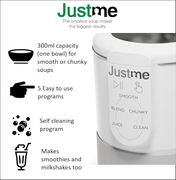 JustMe. La plus petite machine à soupe, les plus grands résultats. Machine à soupes et mélangeur à smoothie. Auto-nettoyage. Blanc. 5 programmes. Cuisine saine et facile. Léger. Version européenne - Nail Gallerys