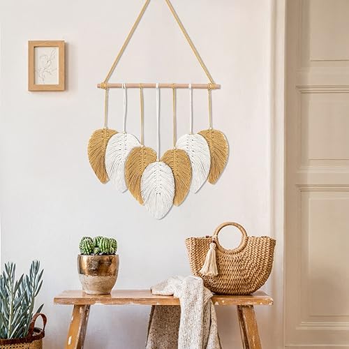 Weldomcor Tapisserie Murale en Macramé à Plumes Style BohèMe Chic Faite à la Main Feuilles Tissées Pour déCoration de Chambre à Coucher Salon Appartement Porche (Jaune) - Nail Gallerys