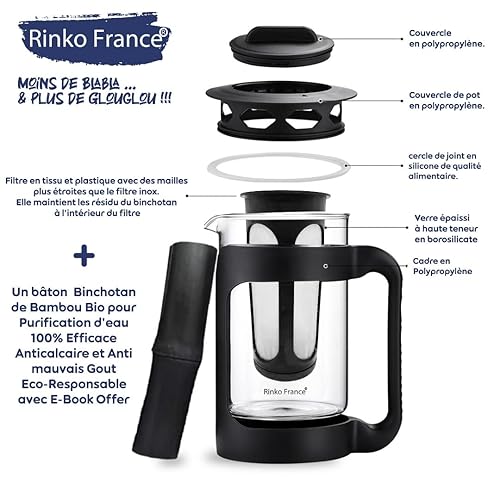 RINKO FRANCE |Pack Modèle X3 Carafe d'Eau 1,5 L avec Un Binchotan Naturelle Offert| Charbon Actif 100% BIO Purification Naturelle de l'eau du Robinet - Nail Gallerys