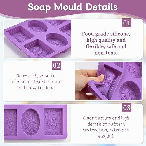 MININUSI Moule à Savon en Silicone à 6 Compartiments avec 10 Petits Sacs à Ficelle, Moule Silicone Rectangulaire et Ovale, Moule Savon Fait Maison pour Savon, Glace, Chocolat, DIY, Gâteau (Violet) - Nail Gallerys