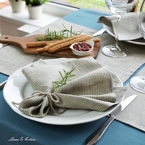 Linen & Cotton Lot de 4 Serviettes de Table Rayé Vitus, 100% Lin (42 x 42cm) - Nail Gallerys