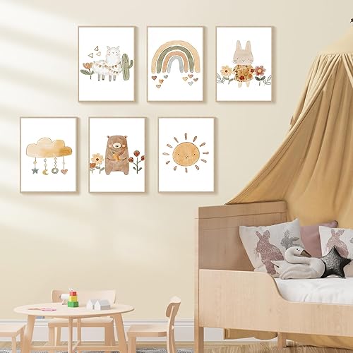 Dazzlewall 6Pcs Affiches d'art mural chaleureuses pour nurserie, Lapin mignon et arc-en-ciel pour chambre de bébé ou de petite fille 8x10 pouces sans cadre - Nail Gallerys