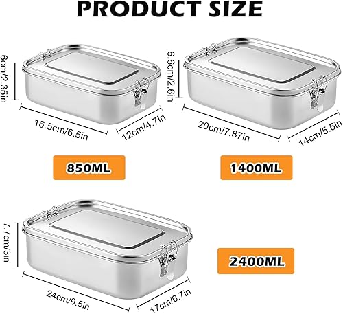 Boîte à Bento en Acier Inoxydable, 3PCS Bento Lunch Box Inoxydable, Boîtes Bento avec Compartiments, Boîte à Lunch en Métal, Boîtes à Bento pour Pique Nique, Travail, Ecole, 850 ml, 1400 ml, 2400 ml - Nail Gallerys