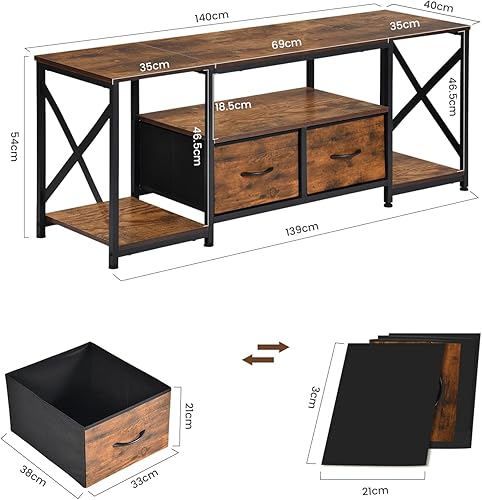 EGGREE Meuble TV Plateau Bas pour 65' TV, 140 x 40 x 54 cm,X Support TV, 2 Tiroirs Non Tissés, Plateau Bas TV pour Meuble Salon, Foncé Marron-Noir - Nail Gallerys