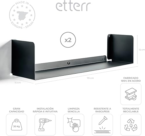 etterr | Lot 2 Etagere Murale Blanche | 70x15 cm | 100% Acier | Fabriqué en Europe | Bibliothèque Murale | Etagere Blanche | Etagere Murale Cuisine | Etagere Plante | Etagere Rangement Murale - Nail Gallerys