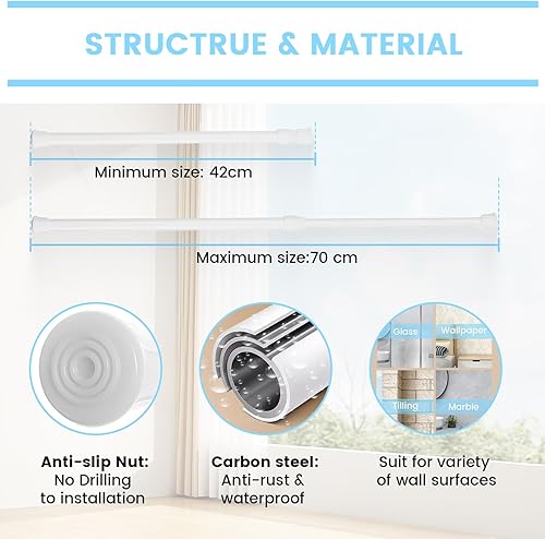 MUHOO 3 Pièces Tringle à Rideau, Extensible Tringles à Rideaux, Montage Sans Vis ni Perçage, Réglable Tringle a Rideau（Blanc, 42-70cm） - Nail Gallerys