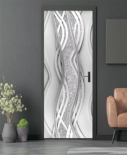 Stickers Porte 95X215 cm Trompe l'oeil Effect 3D Argent Abstrait Autocollant Poster Porte Adhésif Imperméable Stickers Muraux Pour Salon Chambre Décoration de la Maison -MT1884 - Nail Gallerys
