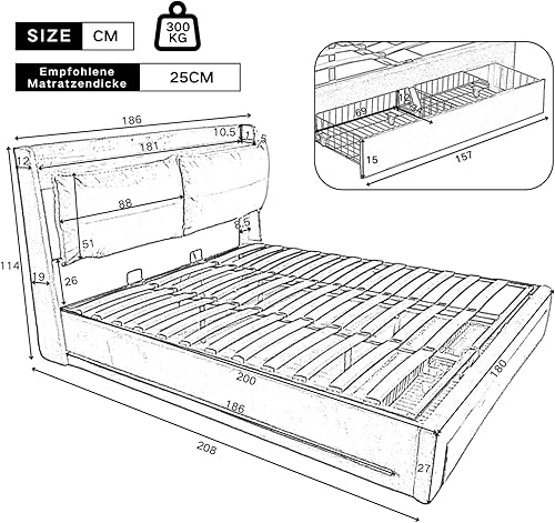YEHTOKHOME Lit Capitonné avec Barres Lumineuses LED,Double Rembourré Lit Hydraulique avec Tiroirs et Rangement sous Le,Velours(sans Matelas) (Gris foncé, 160 x 200cm) - Nail Gallerys