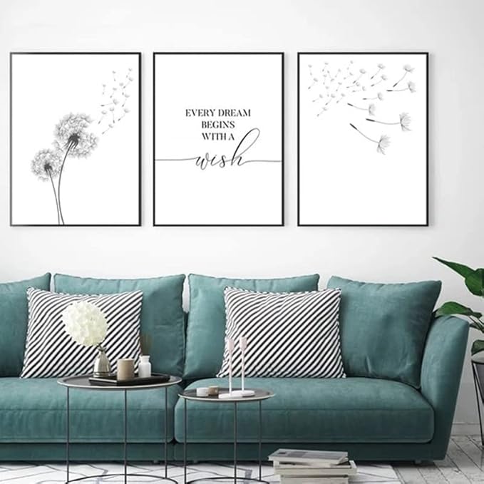 EXQULEG Lot de 3 posters muraux modernes, noir et blanc, motif de pissenlit, motif fleurs abstraites, pour la décoration du salon, sans cadre (30 x 40 cm) - Nail Gallerys