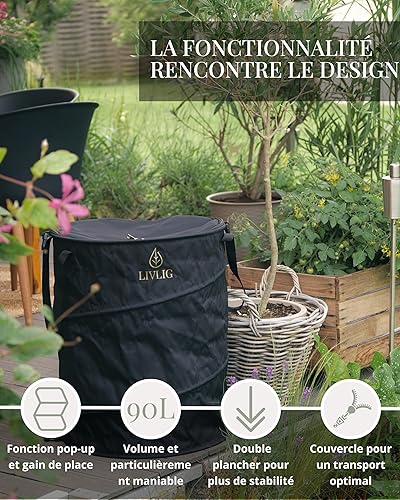 LIVLIG Sac de jardin Pop Up 90L, Sac à feuilles avec couvercle, Sac à déchets de jardin stable, Bac à feuilles pliable, Anthracite - Nail Gallerys