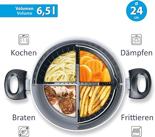 Genius Cerafit Magic Pot Set de casseroles 24 cm – Casserole de 6,4 l avec passoire et couvercle en verre pour faciliter la cuisson, égoutter et servir - Nail Gallerys