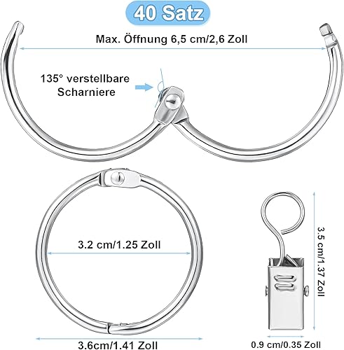 Heyu-Lotus Lot de 40 Anneaux Tringle Rideaux en Métal avec Clips pour Fenêtre, Porte, Douche, Diamètre Intérieur 32 mm - Nail Gallerys