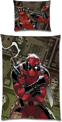 BERONAGE Deadpool Parure de lit réversible Blanc/vert 135 x 200 cm + 80 x 80 cm 100 % coton renforcé de qualité avec fermeture éclair YKK Masque anti-héros Marvel Comic Parure de lit pour enfant - Nail Gallerys