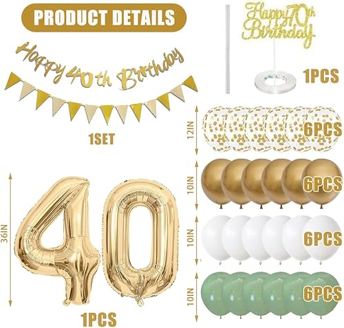 SenaiMy Decoration Anniversaire 40 Ans Ballons Anniversaire Vert Or et Blanc Happy Birthday Banderole Joyeux Kit Deco pour 40 Ans Femme Homme - Nail Gallerys