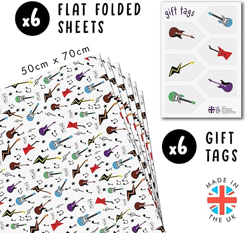 Papier Cadeau - Musique, Guitare - Papier Cadeau Anniversaire Garçon - (6x) Feuilles Cadeau - Pour Homme Femme Papier Cadeau - Livré avec des autocollants - Central 23 - Nail Gallerys