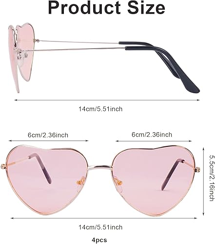Minnhua 4 Pièces Lunettes Coeur, Bordure Métallique Lunette de Soleil, Lunette Disco, Heart Sunglasses pour Enfants et Adultes Filles, Accessoires de Fête Magiques Halloween Anniversaire (Rose) - Nail Gallerys