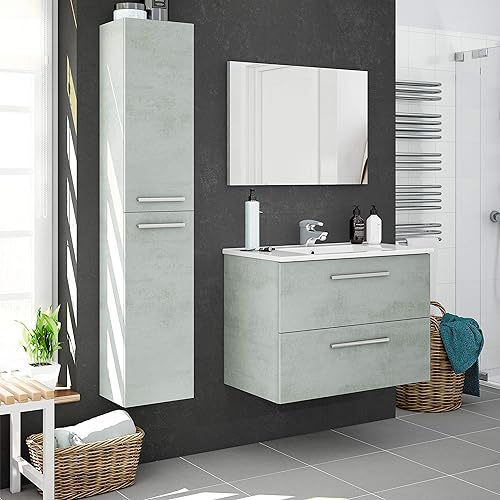 ARKITMOBEL - Colonne de Salle de Bain à Suspendre - Finition Ciment Mélaminé - 2 Portes, Fermeture Progressive, Étagères Modulables - Poignées Chromées - Fabrication Européenne - 30 cm - Nail Gallerys