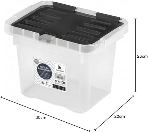 Urban Living NESSY BOITE DE RANGEMENT EN PLASTIQUE 9L AVEC COUVERCLE CLIP NOIR 30X23XH20CM - Nail Gallerys