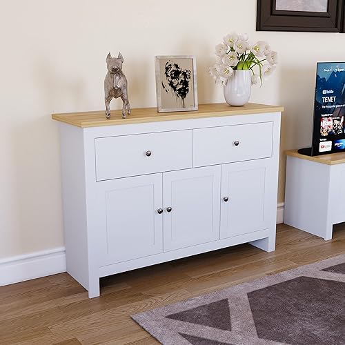 Vida Designs Arlington Buffet 2 tiroirs 3 Portes en Bois d'ingénierie, Blanc et chêne, H 82 x l 117 x P 35 cm - Nail Gallerys