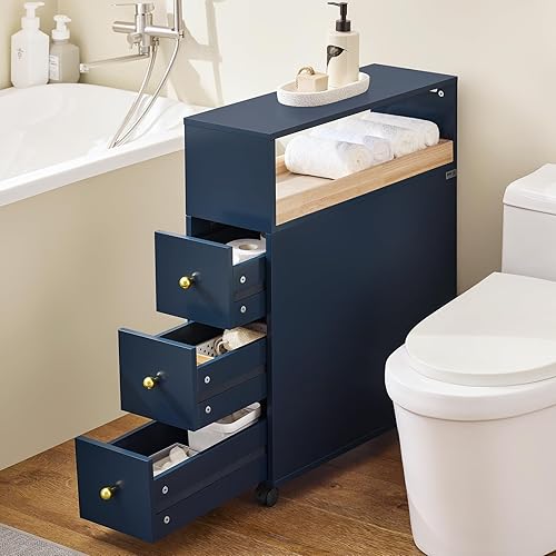 SoBuy Meuble de Rangement Salle de Bain Étroit sur roulettes, Support Papier Toilette, Armoire Toilettes WC Compact, Rangement Polyvalente, 1 Plateau Amovible et 3 Tiroirs, 23x65x83cm, Bleu, BZR195-B - Nail Gallerys
