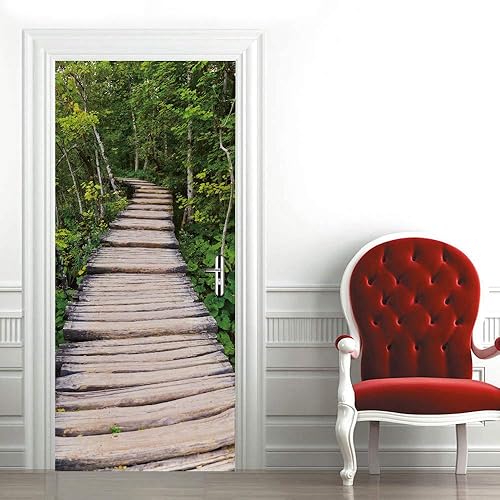 Poster Porte Sticker Porte Papier Peint Porte Trompe l'oeil porte Adhésif Autocollant Porte 3D pour Cuisine Chambre Salle de Bain Auto-adhésif Amovible Murale Décoration 63x205 cm Pont en bois Paysage - Nail Gallerys