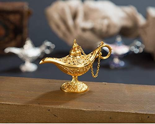 VOANZO Métal Sculpté Aladdin Magique Vintage Maison Thé Huile Pot Arabian Art Artisanat Cadeau Rare Rétro Légende Couleur Aladdin Genie Light (Doré) - Nail Gallerys