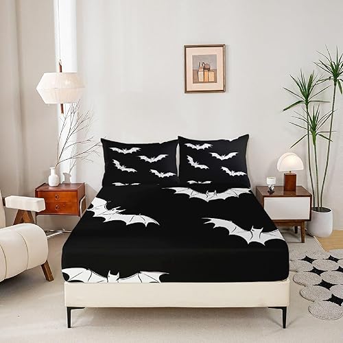 Draps Housses 80x160 cm Poche Profonde de 30 cm pour 1 Personnes, ThèMe Chauve Souris Blanche Parure de Lit 3 pièces Microfibre Brossé Extra Doux, Noir Résistant Décoloration Drap Housse - Nail Gallerys