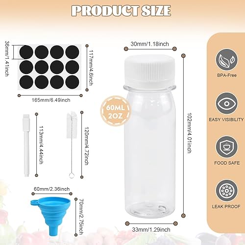 ADERTOS Lot de 12 Bouteilles de Jus en Plastique 60ML, Mini Bouteille Jus Mini Bouteille Réutilisable Transparentes avec Couvercle et Autocollant - Idéales pour Enfants, Fêtes et Voyages - Nail Gallerys