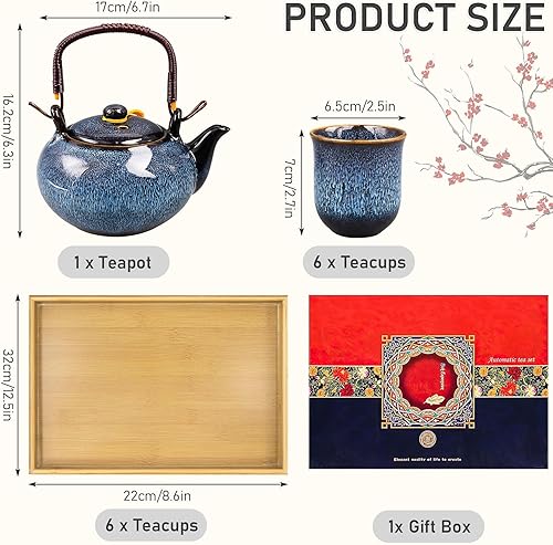 Théière japonaise en céramique de 650 ml avec 6 tasses à thé et plateau en bambou, théière émaillée modifiée au four pour adultes, amateurs de thé, homme et femme, bleu marine - Nail Gallerys