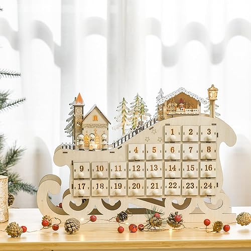 HOMCOM Calendrier de l'avent en bois Lumineux Frome de traineau - 10 lumières Blanc Chaud - 24 tiroirs - décoration Lumineuse de Noël - Nail Gallerys
