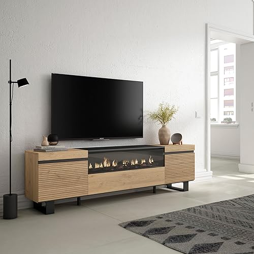 Skraut Home | Meuble TV | Banc Télé | Grand Espace de Rangement | 200x57x35cm | pour Les TV jusqu'à 80' | Cheminée électrique | Design Industriel | Style Moderne | Chêne - Nail Gallerys