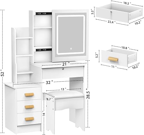 kamulouk Coiffeuse avec Miroir et Tabouret, Miroir Coiffeuse avec LED à Luminosité réglable, 4 Tiroirs et 3 étagères, Blanc A - Nail Gallerys