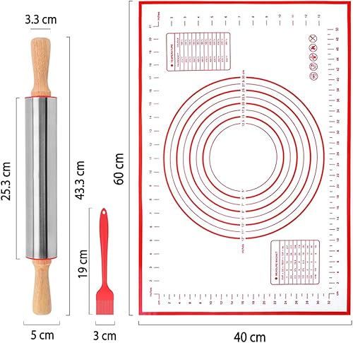 KERYCHIN Rouleau a Patisserie en Inox avec Poignées Bois + Tapis en Silicone avec Marquage de Taille + Pinceau Cuisine Kit, Facile à Laver Laminoir Pizza, Ustensiles pour Pate, Gateau, 43.3cm, Rouge - Nail Gallerys