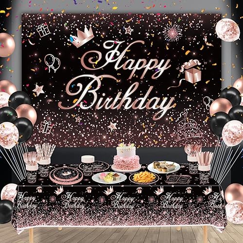 Inspireyee 153 PCS Décoration de fête noir et or rose Service de vaisselle noir et or rose Fournitures de fête or rose et noir Set de fête d'anniversaire or et noir Pour 20 personnes (Black-BJB) - Nail Gallerys