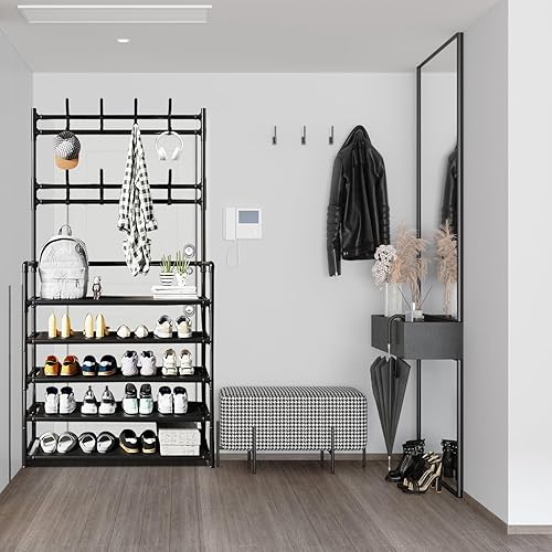 kamulouk Vestiaire d'Entrée, Porte Manteau sur Pieds, 5 Niveaux Meuble d'Entrée pour Chapeaux, Manteaux et Chaussures, Meuble Entrée Autoportant de Grande Capacité à Crochets - Nail Gallerys