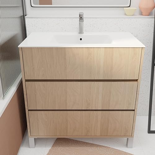 AURLANE Pack Meuble Salle de Bains 80 cm Chêne Clair, 3 tiroirs avec Vasque Céramique - Xenos - Nail Gallerys
