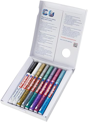 edding 751 Marqueur peinture brillante - noir blanc or argent bleu vert violet rose (métallisé) - 8 stylos - pointe ronde 1-2mm - pour dessin, coloriage, scrapbooking - étanche, très opaque - Nail Gallerys