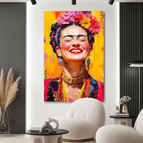 Kunstgestalten24 Frida Kahlo Lacht - Impression sur toile moderne - Avec châssis en bois véritable - 40 x 60 cm - Profondeur du cadre : 2 cm - Nail Gallerys