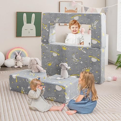 COSTWAY 5 en 1 Canapé Enfants Lumineux (Brillant dans Le Noir) avec 2 Poufs & Motif de Vaisseau Spatial, Fauteuil Convertible en Tissu avec Poche Latérale & Housse Lavable, 107x52x41,5cm - Nail Gallerys